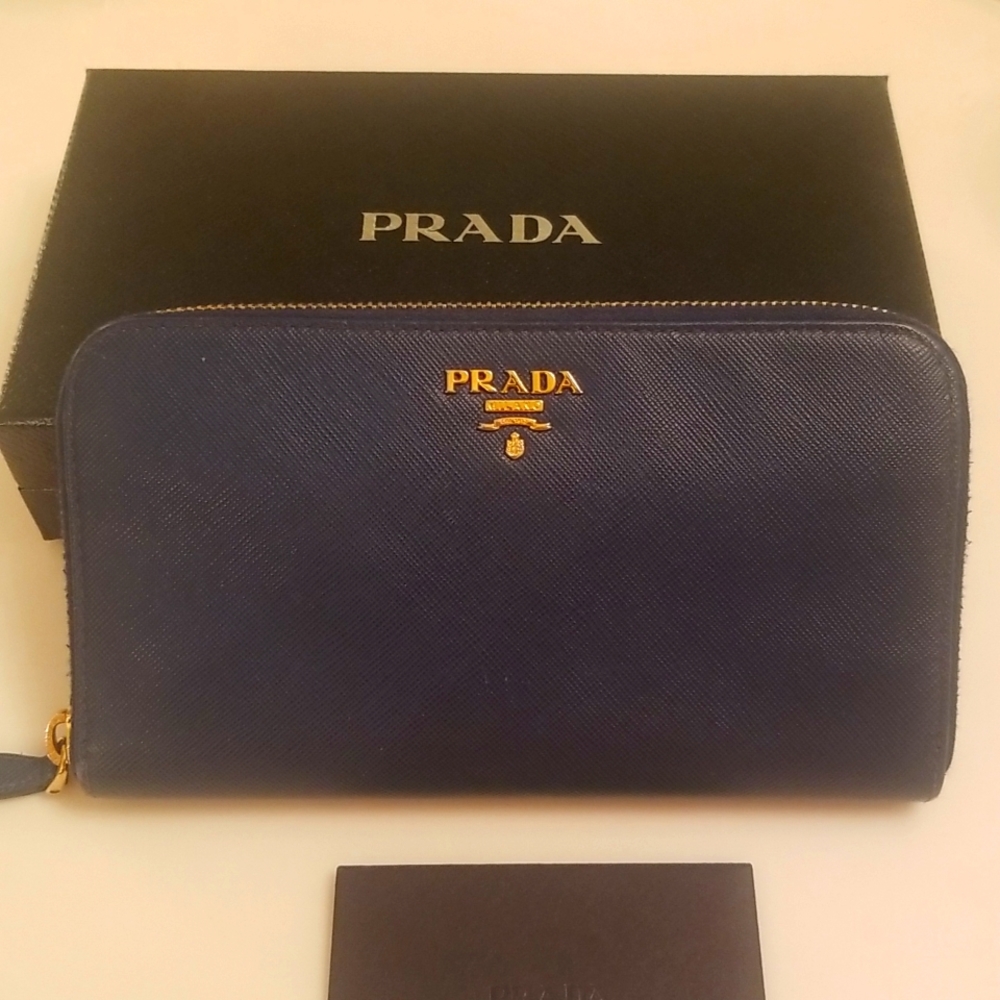Prada Zip Around Wallet in Blue Saffiano Leather